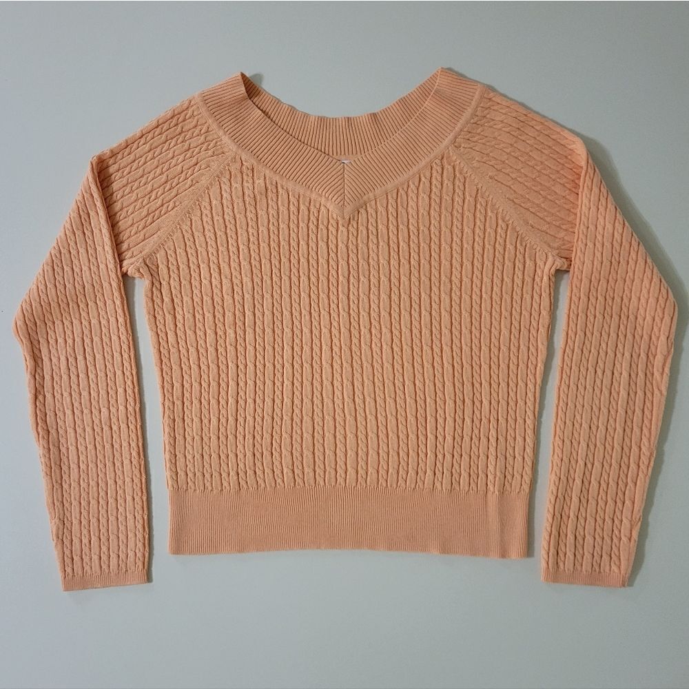 Talbots Peach V-neck Long Sleeve Cable Stitch Pullover Sweater